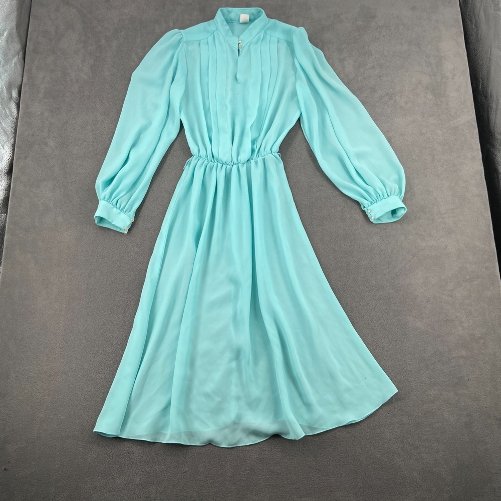ILGWU Fit & Flare Dress Womens 11/12 Blue Pleated Cinched‎ Waist Bishop Sleeve